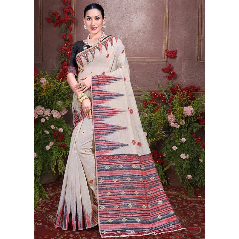 Off White Cotton Saree With Blouse Piece - JD986611919