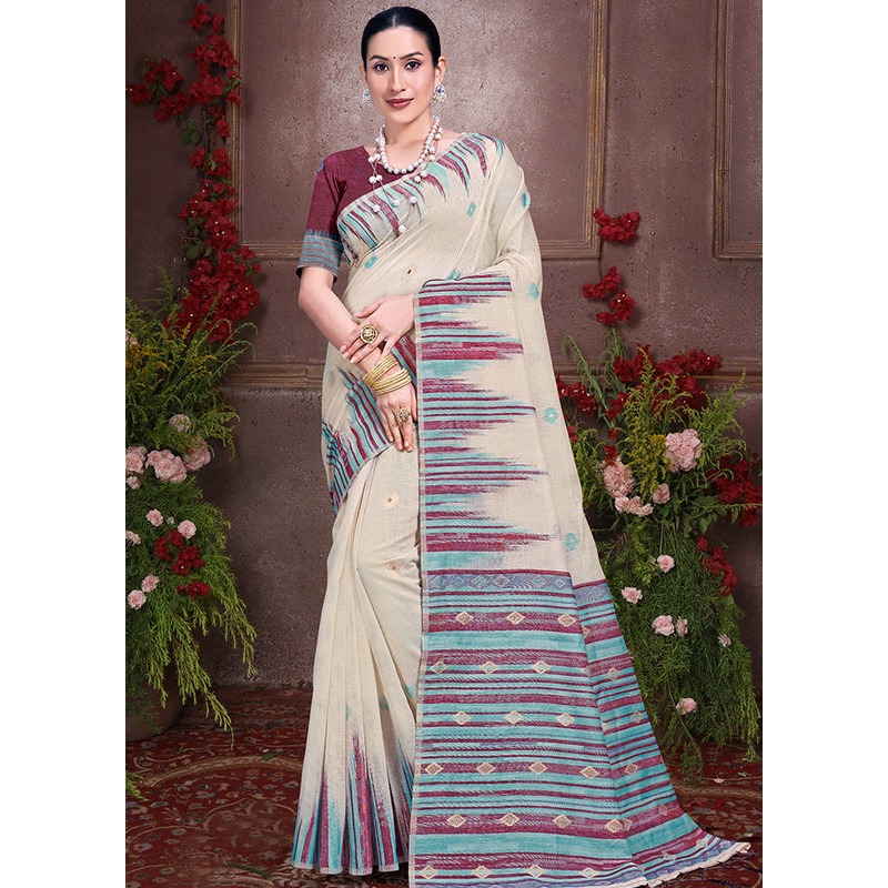 Off White Cotton Saree With Blouse Piece - JD986611920
