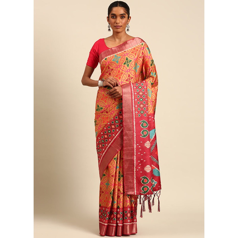 Orange Cotton Saree With Blouse Piece - JD986611915