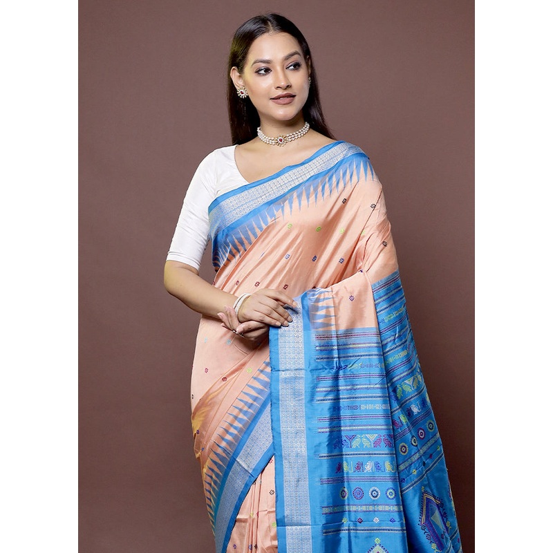 Peach Handloom Bomkai Pure Silk Saree With Blouse Piece - JD986611981