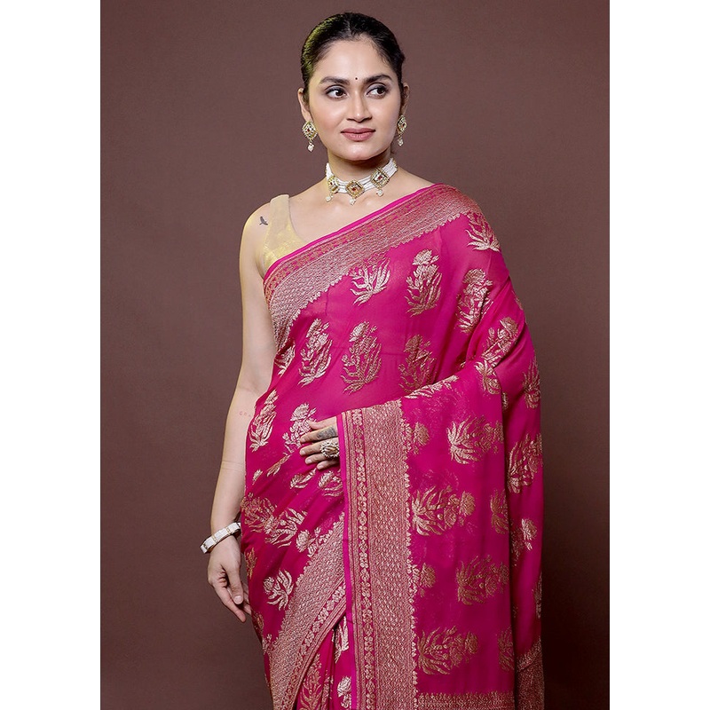 Pink Handloom Pure Georgette Saree With Blouse Piece - JD986612006