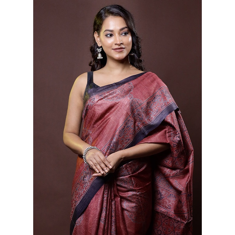Pink Handloom Tussar Pure Silk Saree With Blouse Piece - JD986612024