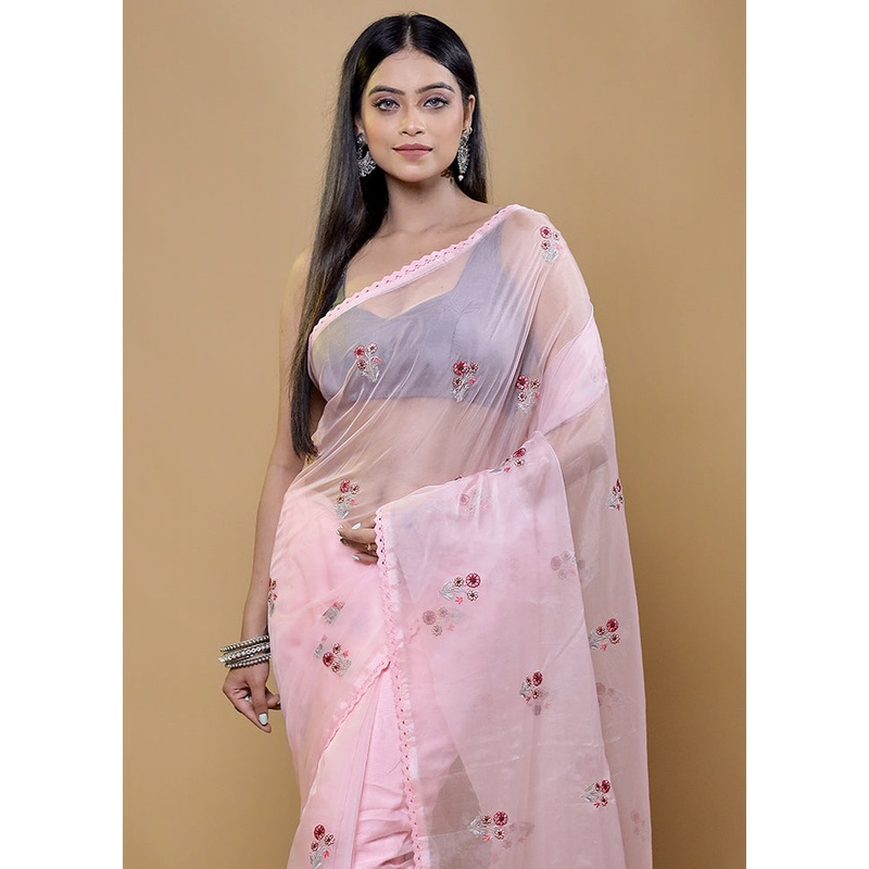 Pink Organza Saree With Blouse Piece - JD986611940