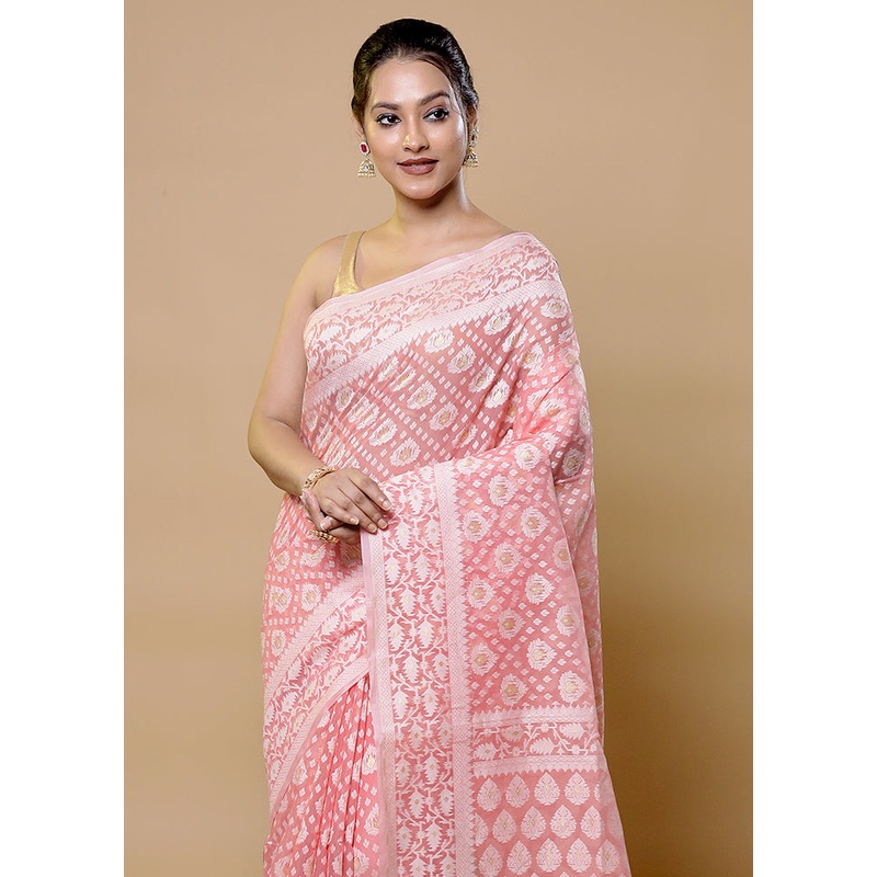 Pink Pure Cotton Saree With Blouse Piece - JD986611978