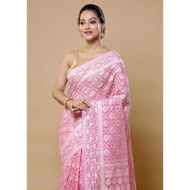 Pink Pure Cotton Saree With Blouse Piece - JD986611979