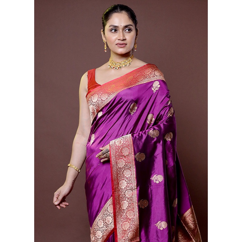 Purple Handloom Katan Pure Silk Saree With Blouse Piece - JD986612002
