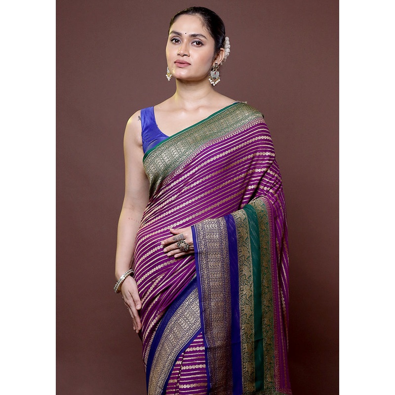 Purple Handloom Pure Georgette Saree With Blouse Piece - JD986612000