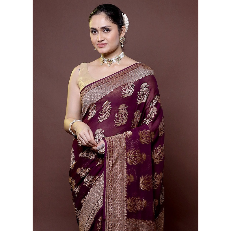 Purple Handloom Pure Georgette Saree With Blouse Piece - JD986612001