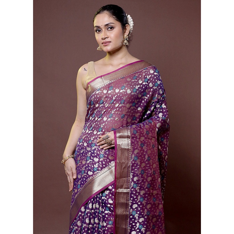 Purple Kora Silk Saree With Blouse Piece - JD986611998