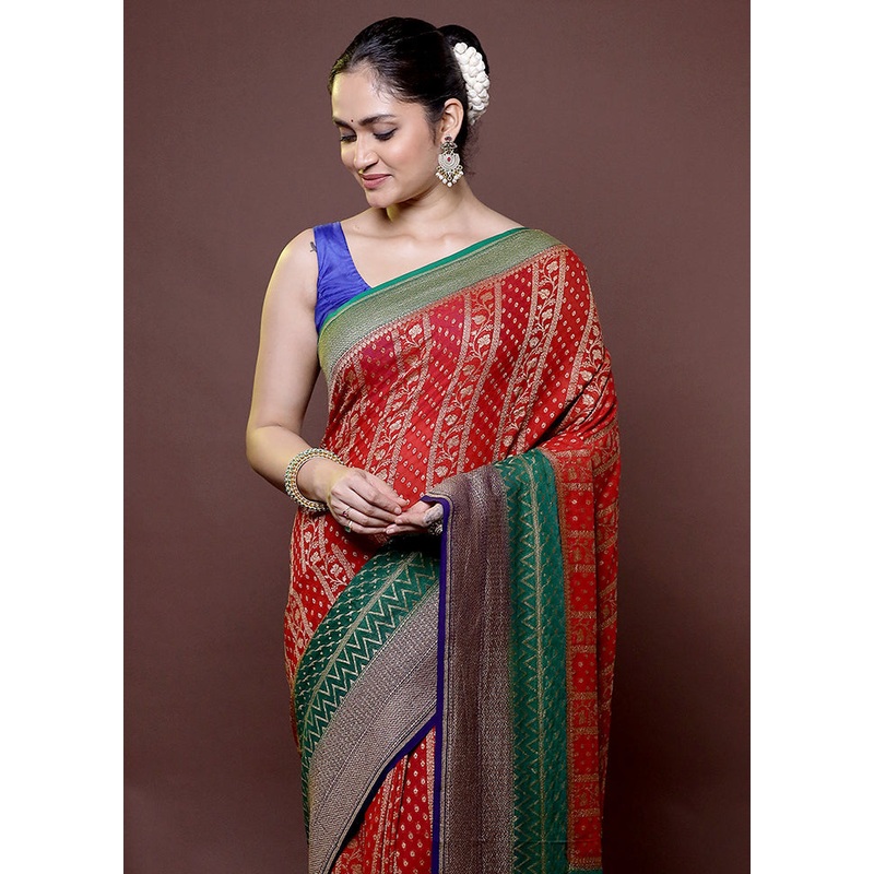 Red Handloom Pure Georgette Saree With Blouse Piece - JD986611995