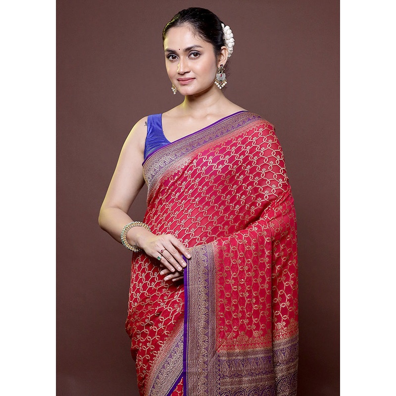 Red Handloom Pure Georgette Saree With Blouse Piece - JD986611996