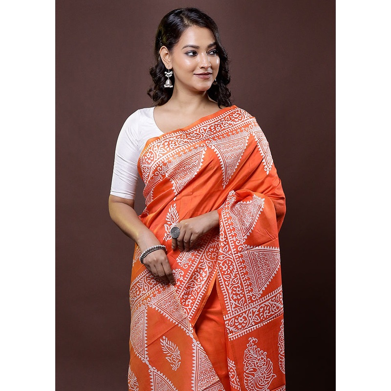 Rust Pure Bishnupuri Silk Saree Without Blouse Piece - JD986612022