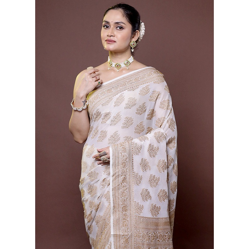 White Handloom Pure Georgette Saree With Blouse Piece - JD986611994