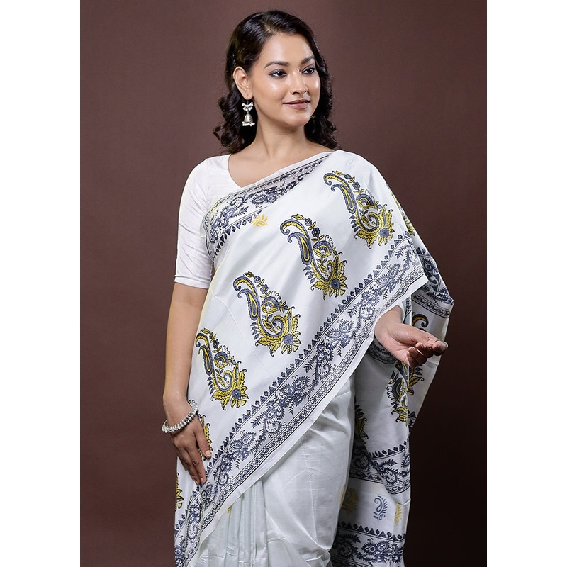 White Pure Bishnupuri Silk Saree Without Blouse Piece - JD986612020