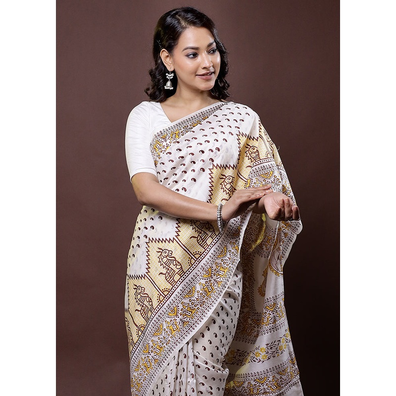 White Pure Bishnupuri Silk Saree Without Blouse Piece - JD986612021
