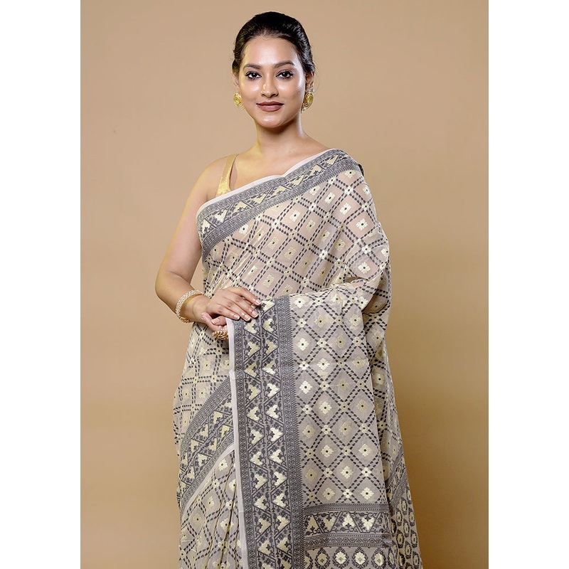 White Pure Cotton Saree With Blouse Piece - JD986611977