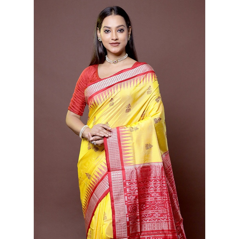 Yellow Handloom Bomkai Pure Silk Saree With Blouse Piece - JD986611976