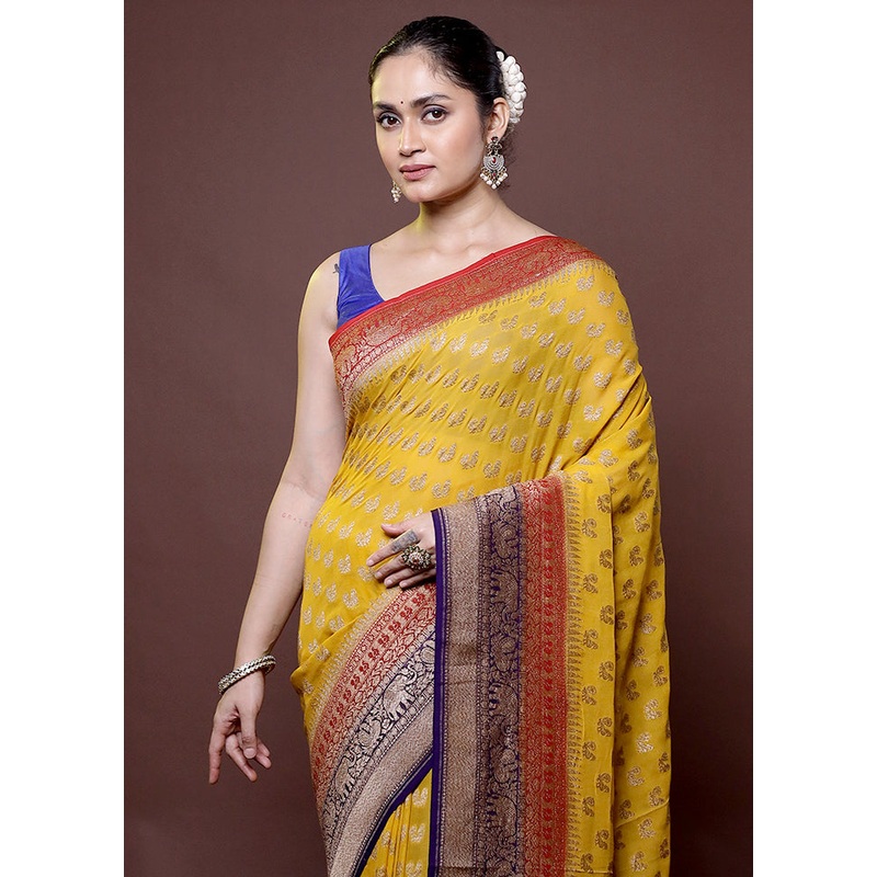Yellow Handloom Pure Georgette Saree With Blouse Piece - JD986611992