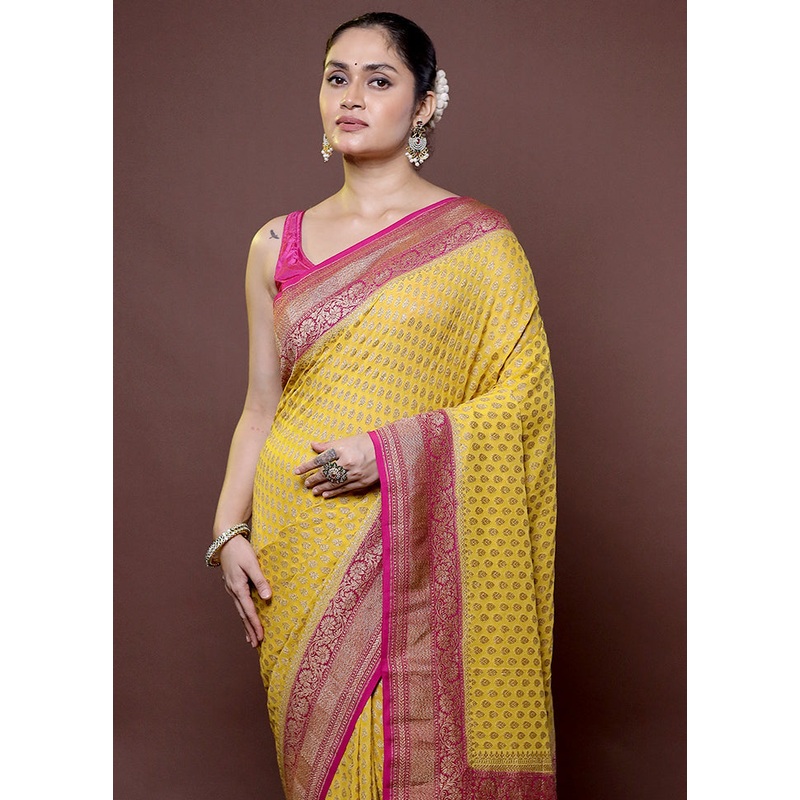 Yellow Handloom Pure Georgette Saree With Blouse Piece - JD986611993