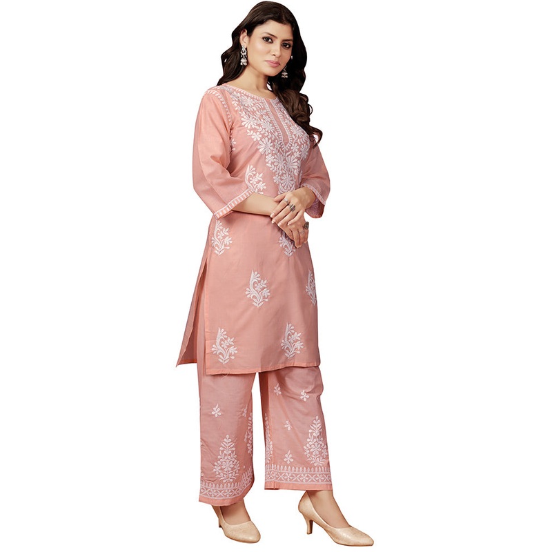 2 Pc Peach Readymade Cotton Kurti Set - JD986611827