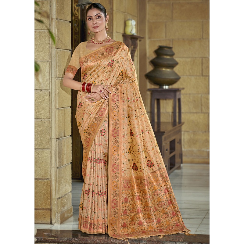 Beige Dupion Silk Saree With Blouse Piece - JD986611780