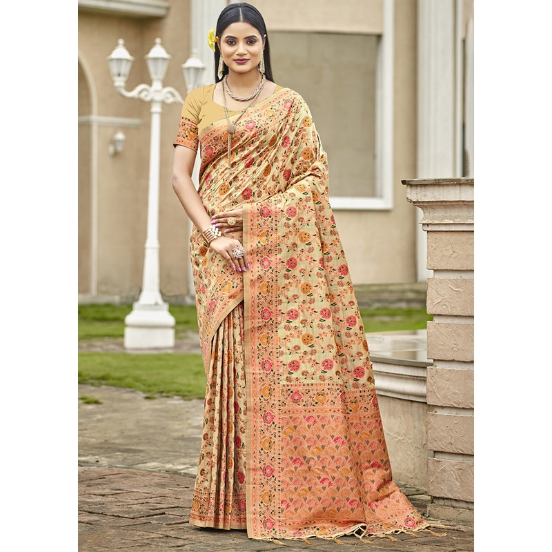 Beige Dupion Silk Saree With Blouse Piece - JD986611781