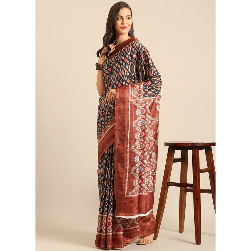 Black Cotton Saree With Blouse Piece - JD986611779