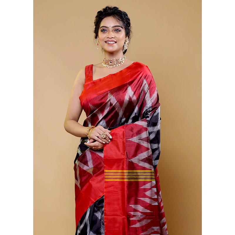 Black Handloom Pure Bishnupuri Silk Saree Without Blouse Piece - JD986611809