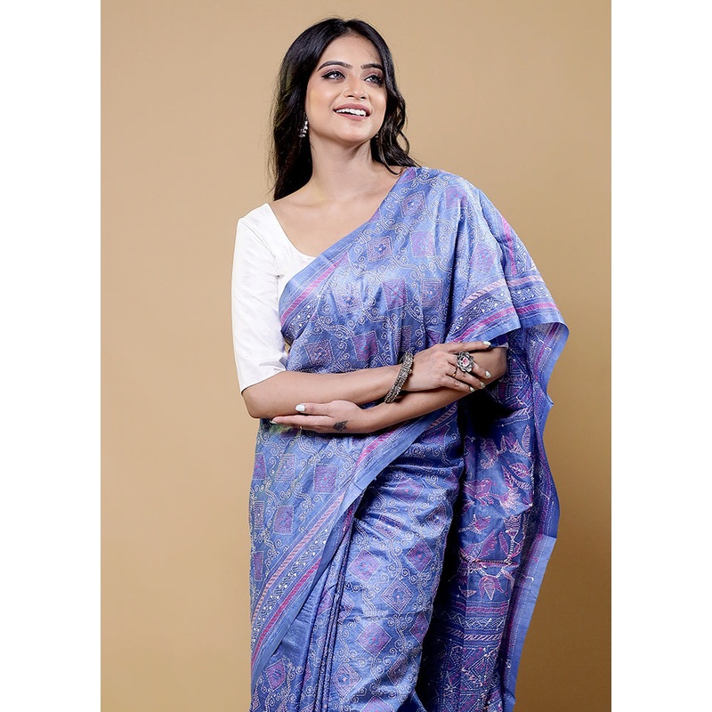 Blue Handloom Kantha Stitch Pure Silk Saree With Blouse Piece - JD986611805