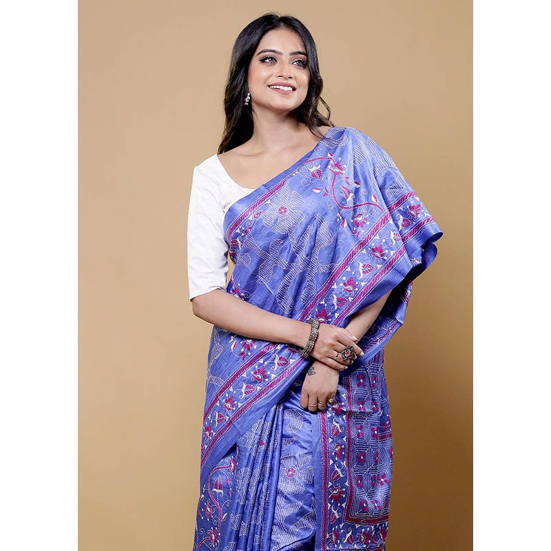Blue Handloom Kantha Stitch Pure Silk Saree With Blouse Piece - JD986611806