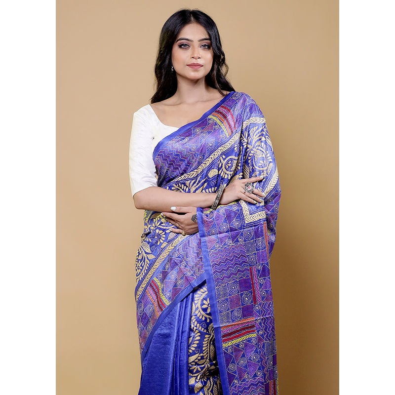 Blue Handloom Kantha Stitch Pure Silk Saree With Blouse Piece - JD986611807