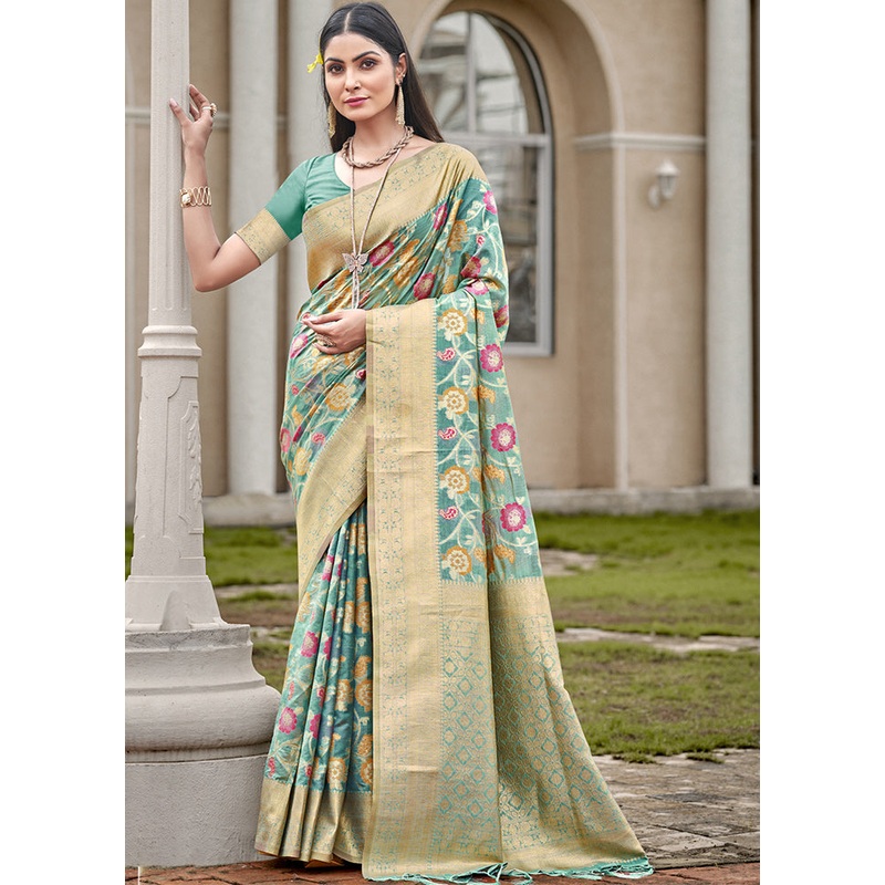 Blue Organza Saree With Blouse Piece - JD986611679