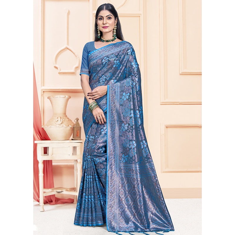 Blue Satin Silk Saree With Blouse Piece - JD986611773