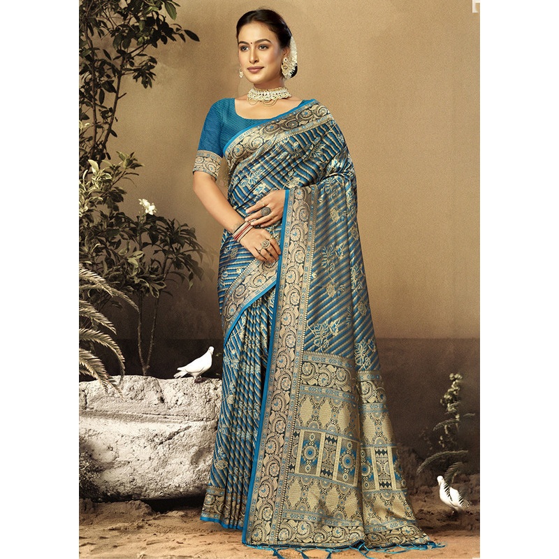 Blue Satin Silk Saree With Blouse Piece - JD986611774
