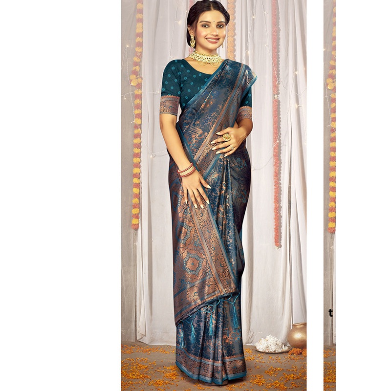 Blue Satin Silk Saree With Blouse Piece - JD986611775