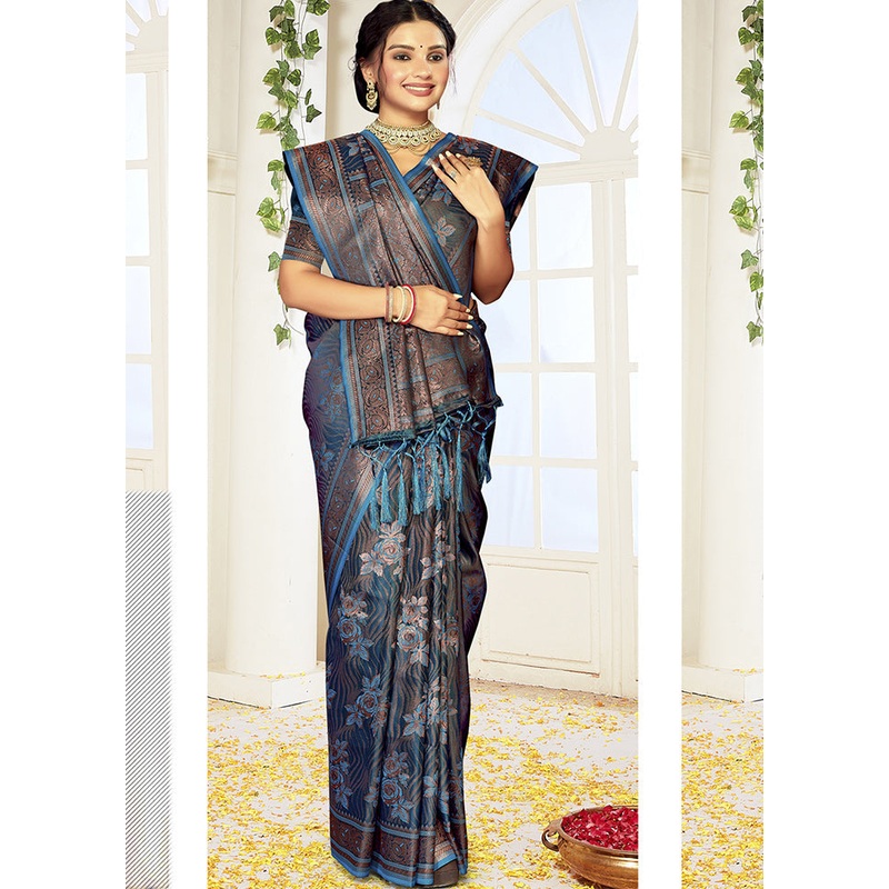 Blue Satin Silk Saree With Blouse Piece - JD986611776