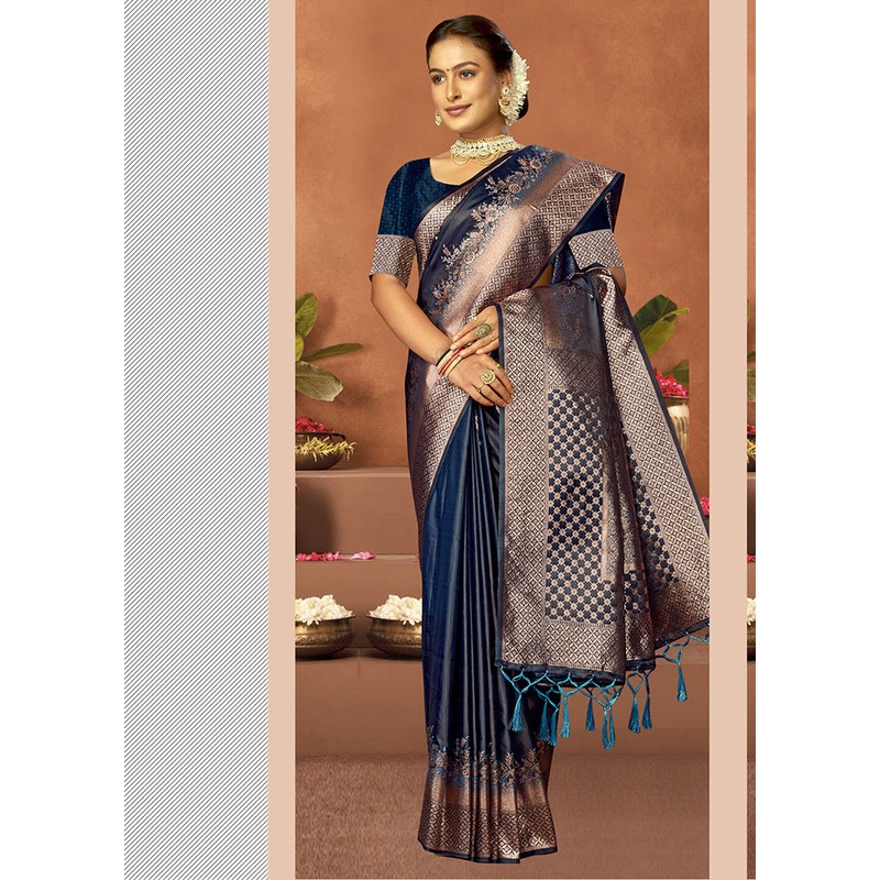 Blue Satin Silk Saree With Blouse Piece - JD986611777