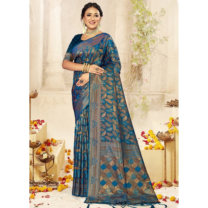 Blue Satin Silk Saree With Blouse Piece - JD986611778