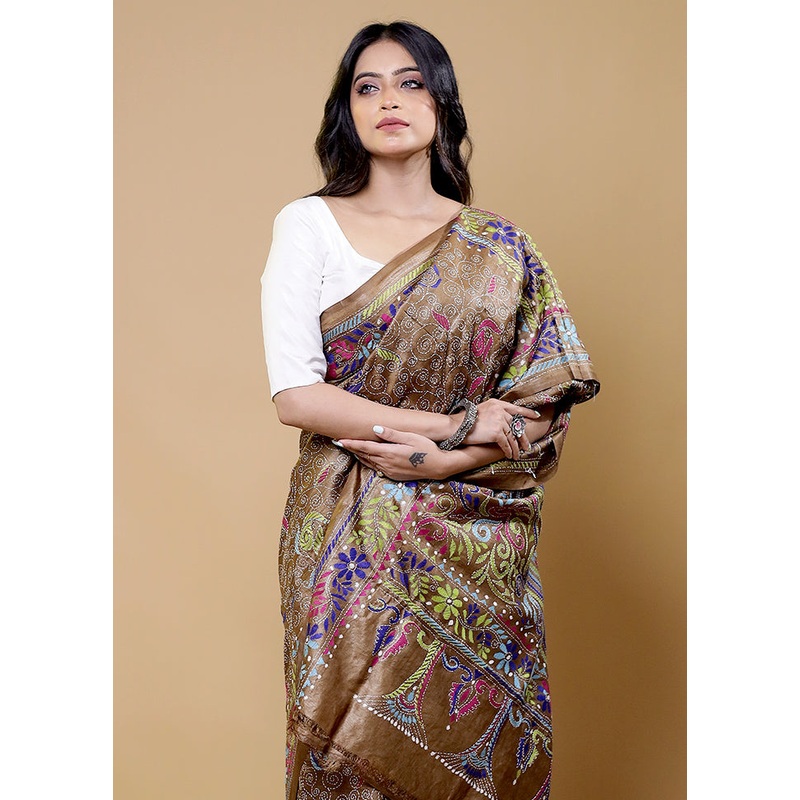 Brown Handloom Kantha Stitch Pure Silk Saree With Blouse Piece - JD986611801