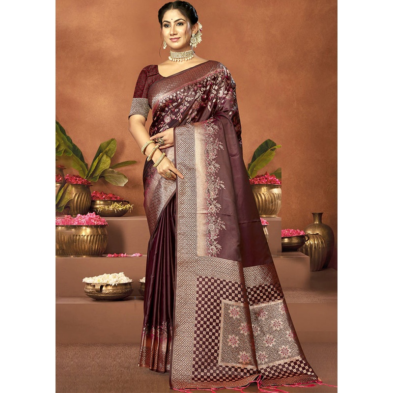 Brown Satin Silk Saree With Blouse Piece - JD986611769