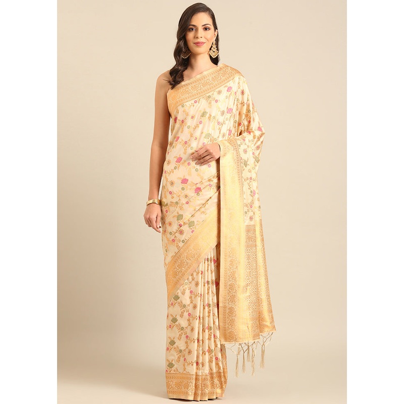 Cream Banarasi Silk Saree With Blouse Piece - JD986611764