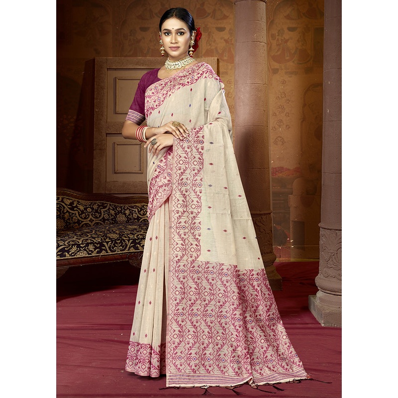Cream Cotton Saree With Blouse Piece - JD986611755