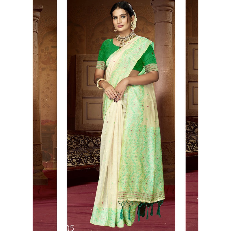 Cream Cotton Saree With Blouse Piece - JD986611756