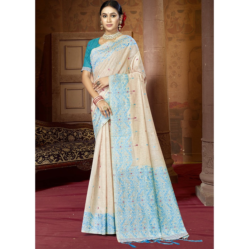 Cream Cotton Saree With Blouse Piece - JD986611758