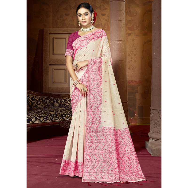 Cream Cotton Saree With Blouse Piece - JD986611759