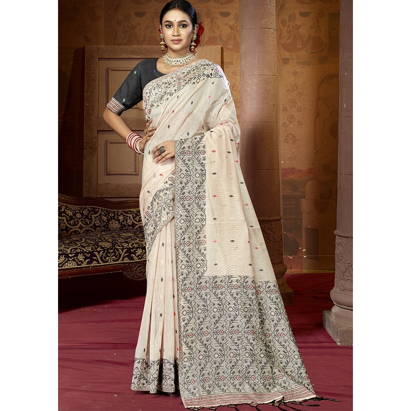 Cream Cotton Saree With Blouse Piece - JD986611760