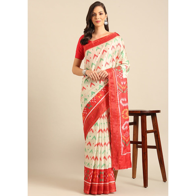 Cream Cotton Saree With Blouse Piece - JD986611761