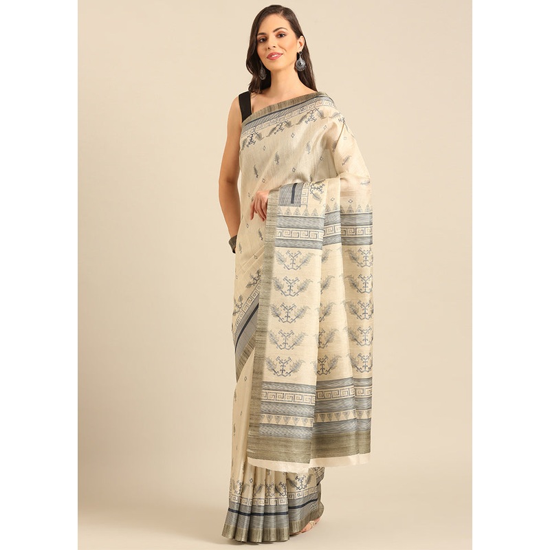 Cream Cotton Saree With Blouse Piece - JD986611763