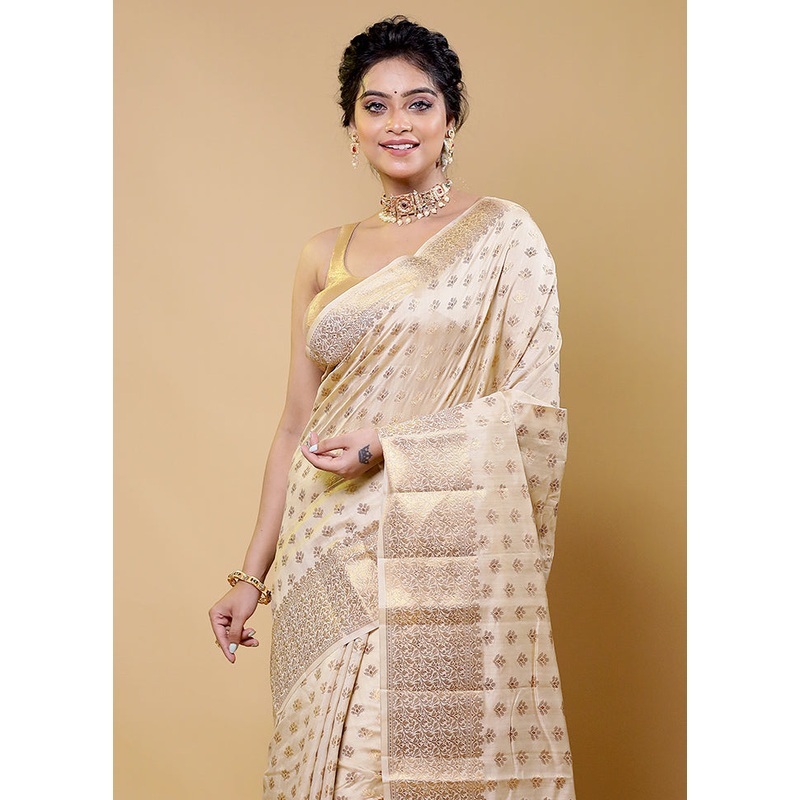 Cream Tussar Silk Saree With Blouse Piece - JD986611799