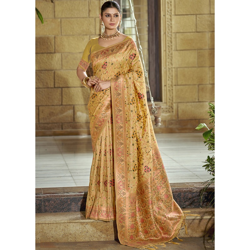 Gold Dupion Silk Saree With Blouse Piece - JD986611754
